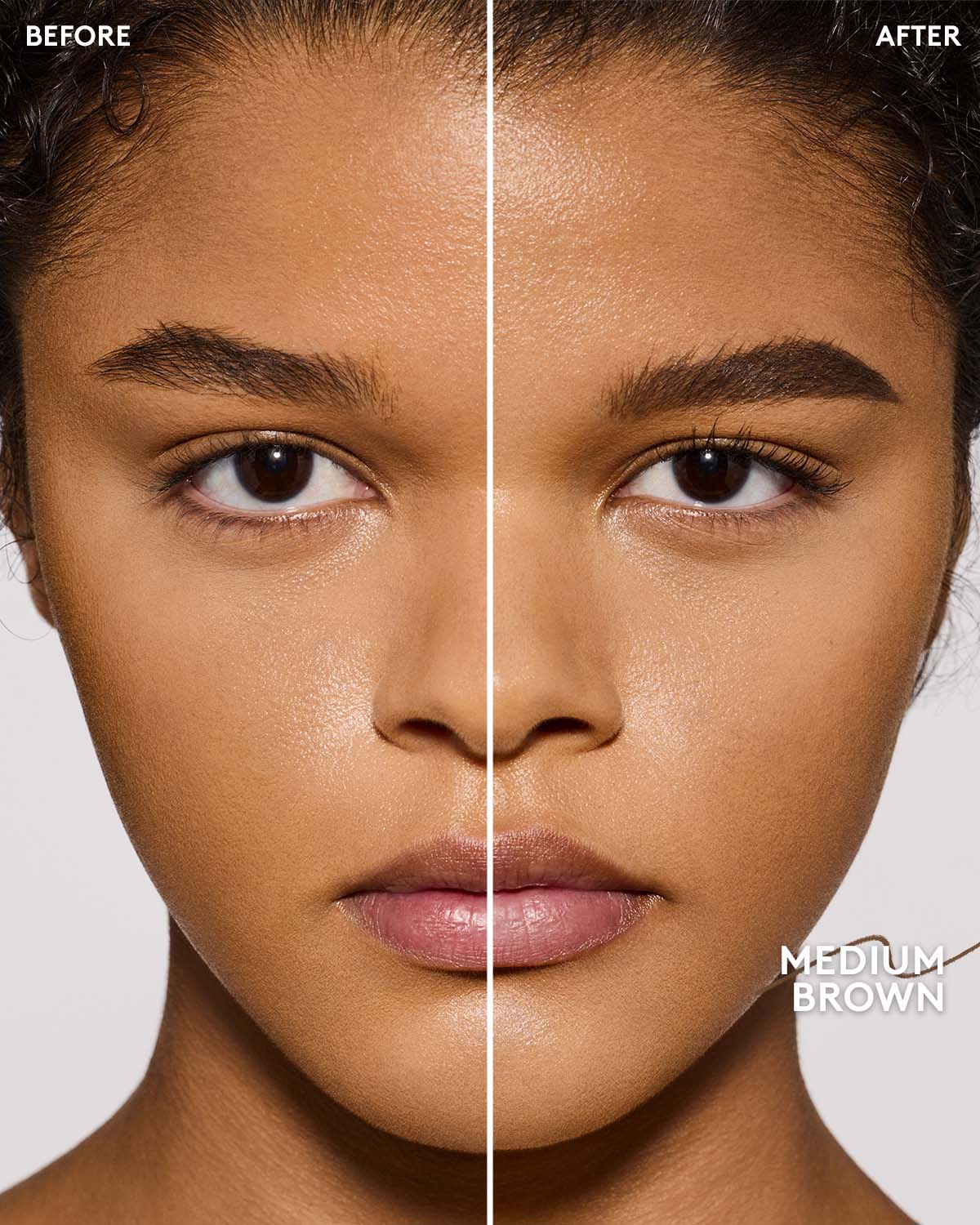 before and after of medium skin toned model wearing brow MVP in medium brown