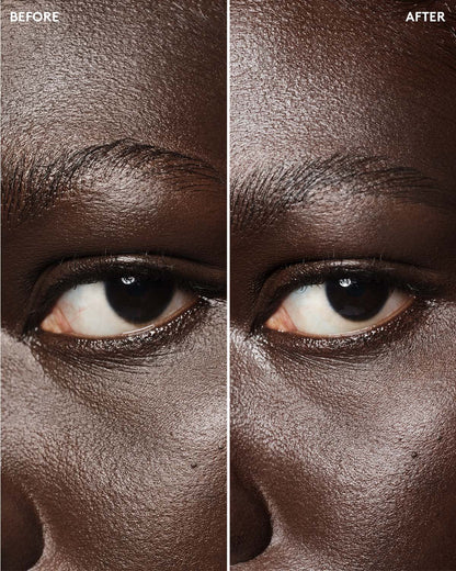 before and after of deep skin toned model wearing brow wax