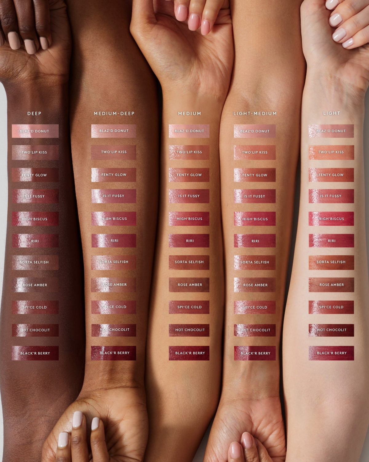 Arm swatch of Gloss Bomb Stix High-Shine Gloss Stick line against Deep, Medium Deep, Medium, Medium-Light, and Light skin tones