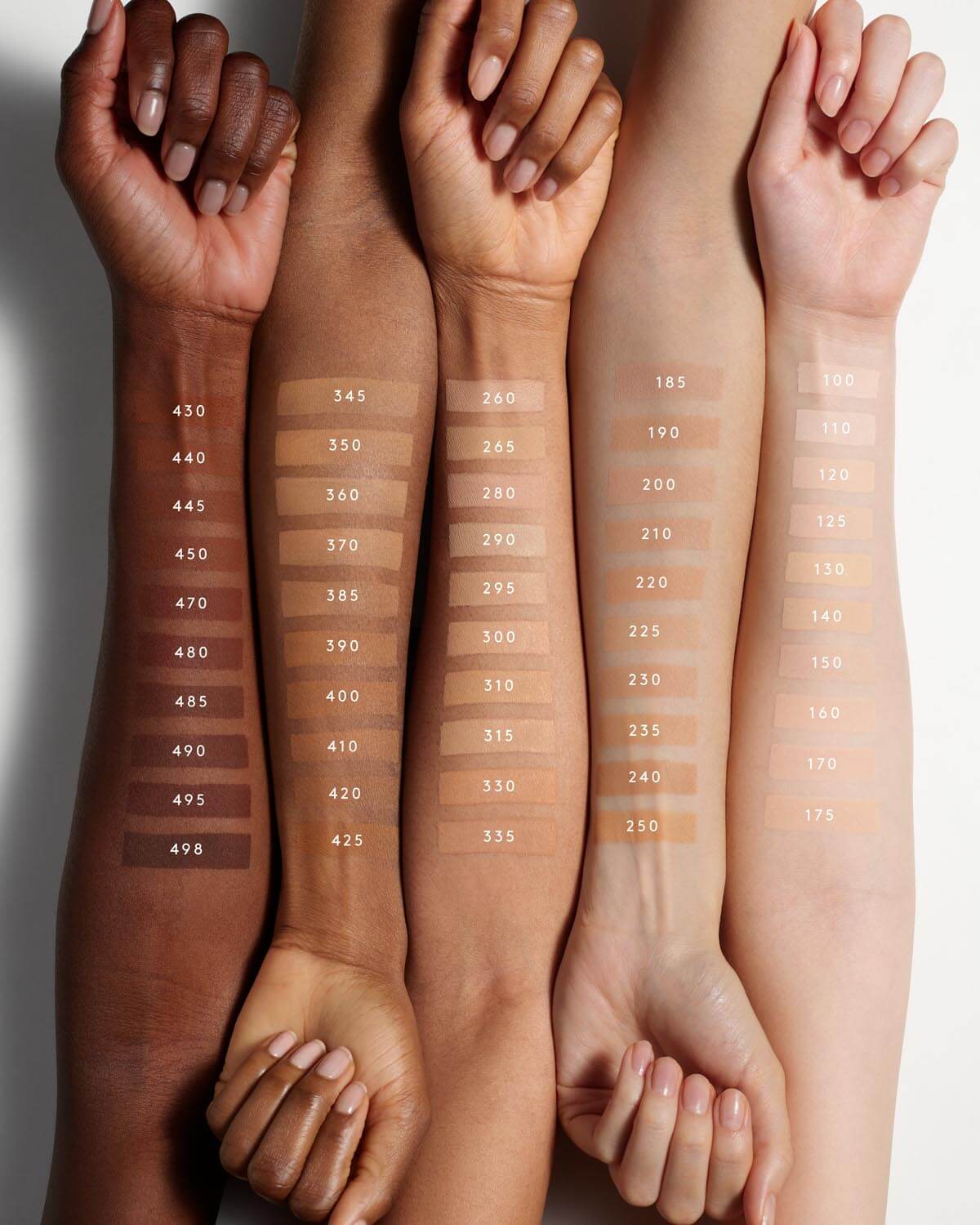 Arm swatches of the Pro Filt'r Soft Matte Longwear Foundation shade range on light, light medium, medium, medium deep, and deep skin tones.