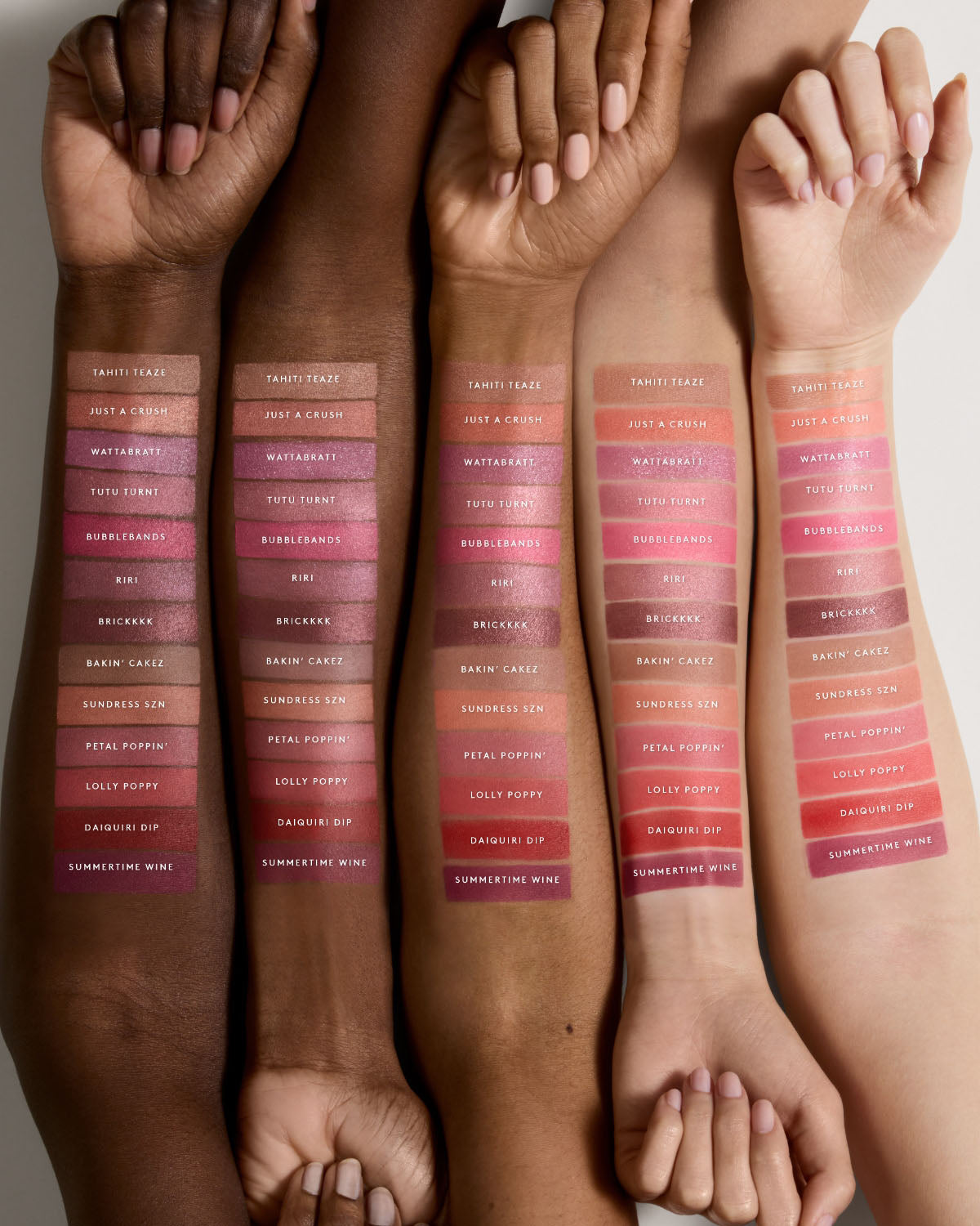 Arm swatches of Fenty Cheeks Suede Powder Blush colleciton on light, light medium, medium, medium deep, and deep kin tones.