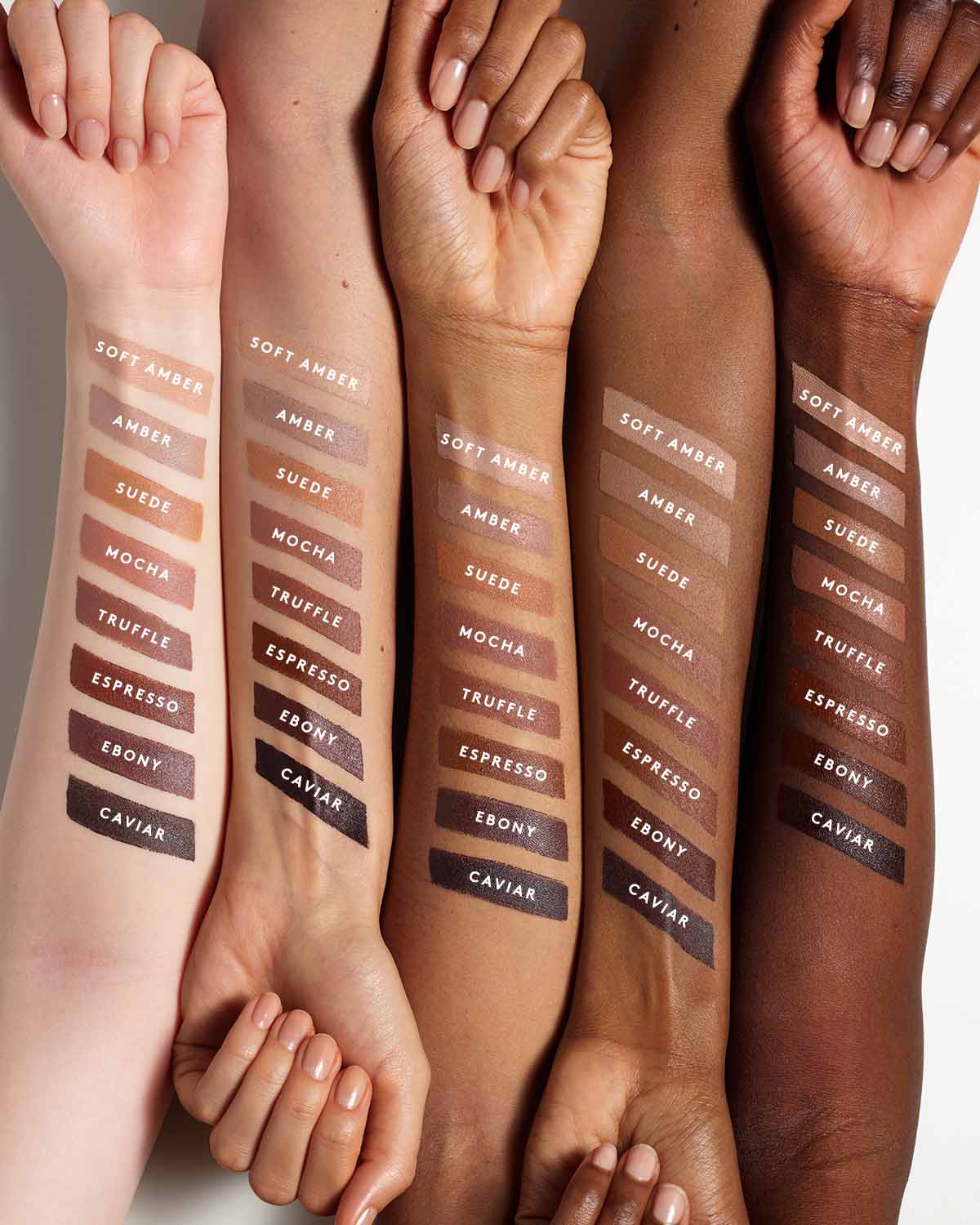 Match Stix Contour Skinstick swatches in all available shades shown on arms of light, medium, and deep skin tones.