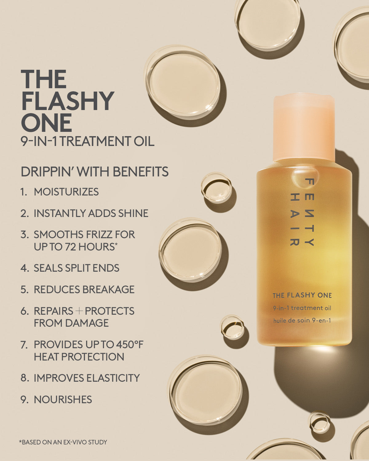 Bottle of 'The Flashy One' 9-in-1 treatment oil with product features listed on a beige background.
