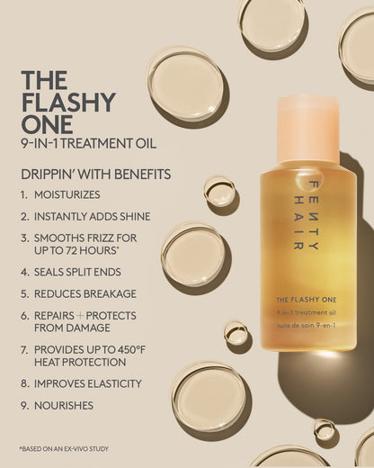 Bottle of 'The Flashy One' 9-in-1 treatment oil with product features listed on a beige background.