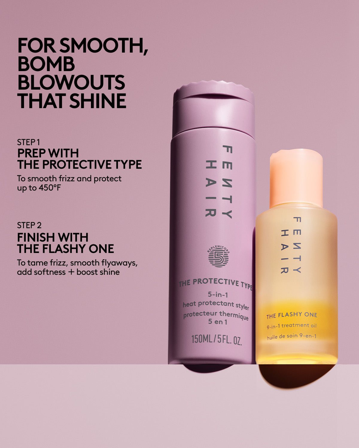 Fenty Hair products on a pink background with text about hair care steps.
