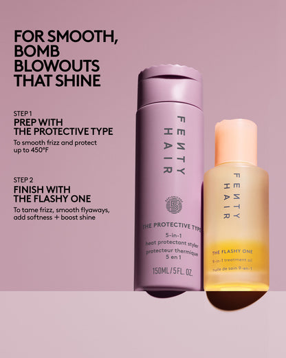 Fenty Hair products on a pink background with text about hair care steps.