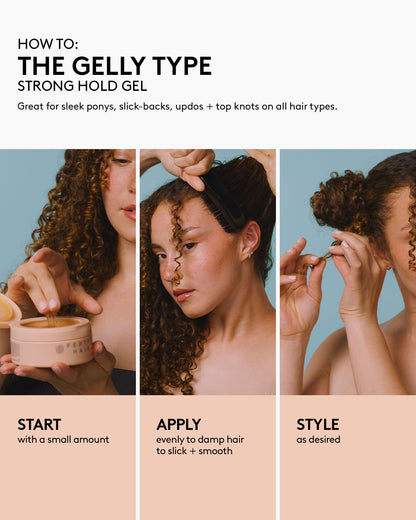 How to use Fenty Hair The Gelly Type Strong Hold Gel hair styler: great for sleek ponys, slick-backs, updos + top knots on all hair types. Start with a small amount, apply evenly to damp hair to slick + smooth, then style as desired.