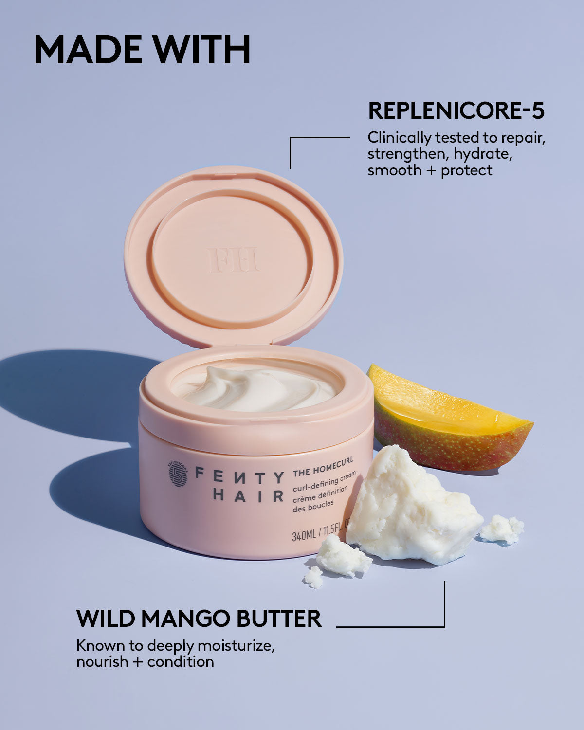 Ingredient image featuring wild mango butter next to an open container of The Homecurl Curl-Defining Cream.