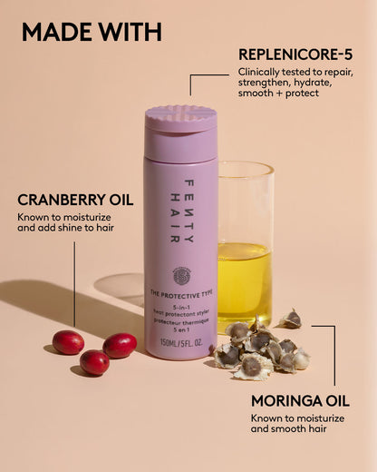 Fenty Hair Protective Type heat protectant hair styler is made with Cranberry Oil, known to moisturize and add shine to hair; Moringa Oil, known to moisturize + smooth hair; and Replenicore-5, clinically tested to repair, strengthen, hydrate, smooth + protect.