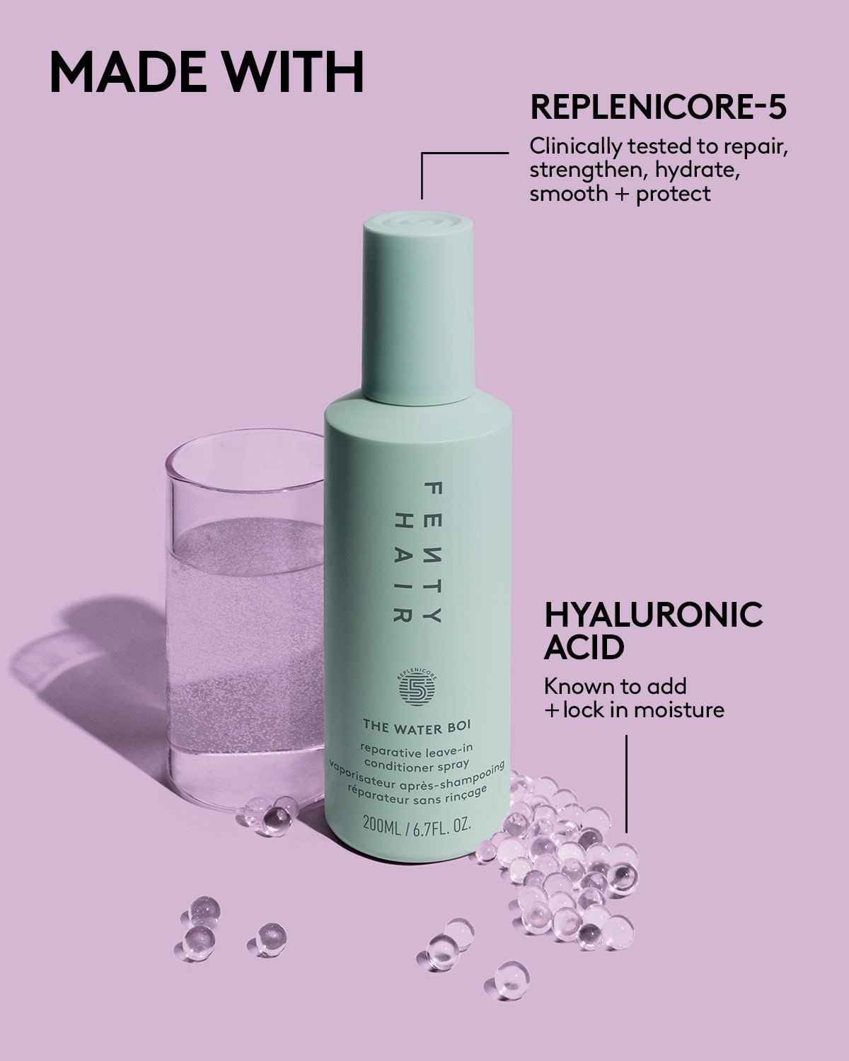 Made with Replenicore-5 that's clinically tested to repair, strengthen, hydrate, smooth, and protect. Made with hyaluronic acid that's known to add and lock in moisture.