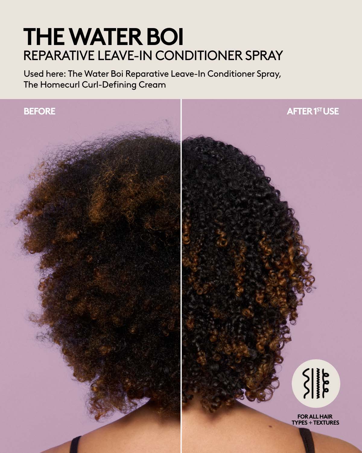 The Water Boi Reparative Leave-In Conditioner Spray before and after on colored coily hair.