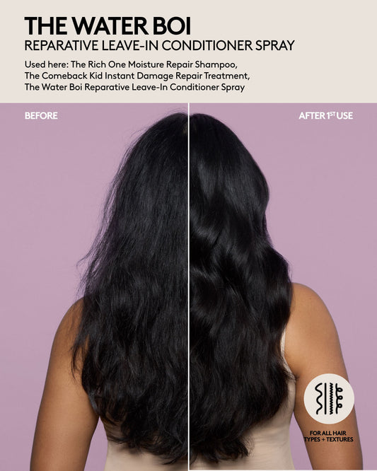 The Water Boi Reparative Leave-In Conditioner Spray before and aftetr on long thick hair.