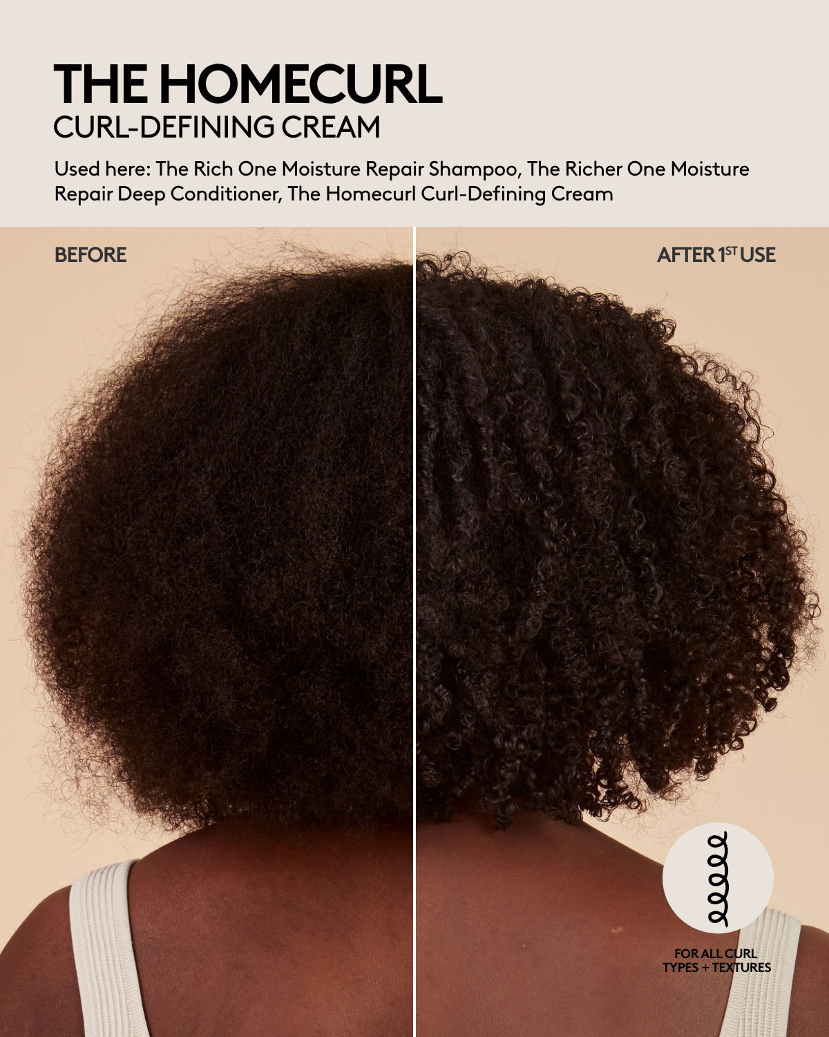 The Homecurl Curl-Defining Cream before and after results after one use on coily hair