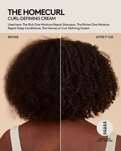 The Homecurl Curl-Defining Cream before and after results after one use on coily hair
