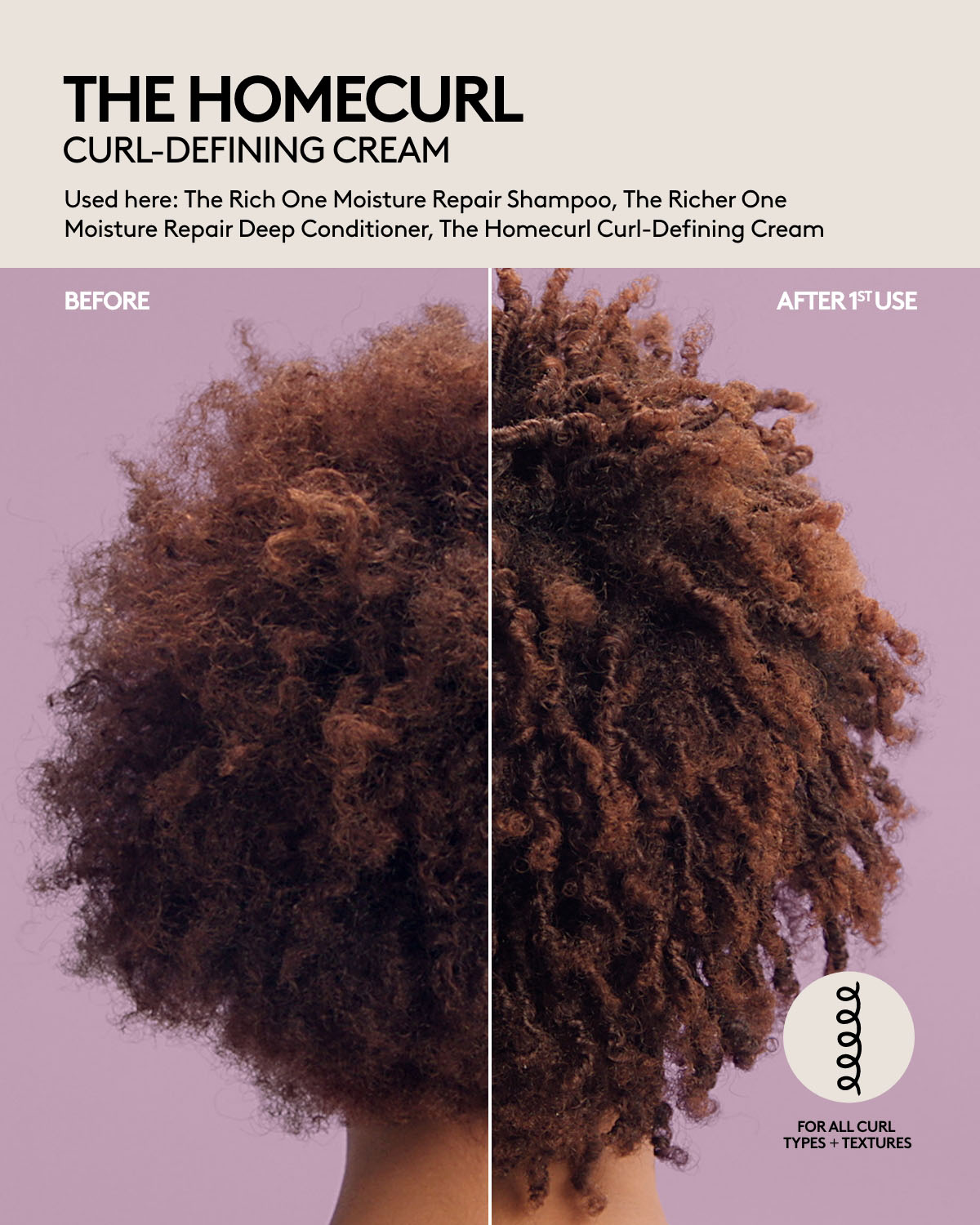 The Homecurl Curl-Defining Cream before and after results after one use on tightly-textured hair