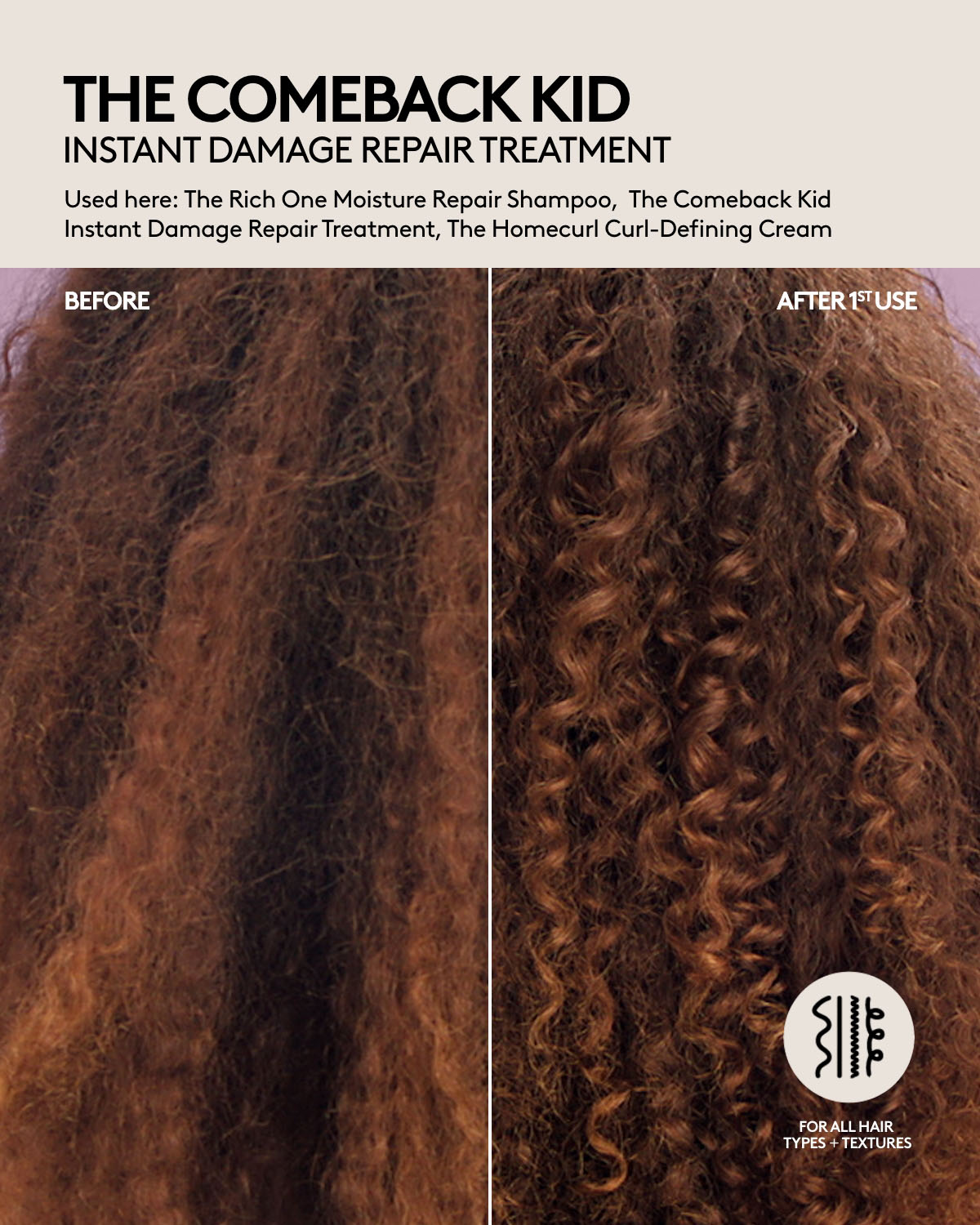 Close up of curly hair before and after one use of Fenty Hair shampoo, damage repair hair treatment, and curly hair styler curl-defining cream. Curls are defined, bouncy, and hair is shinier, appears healthier and hydrated. Fenty Hair is for all hair types + textures.
