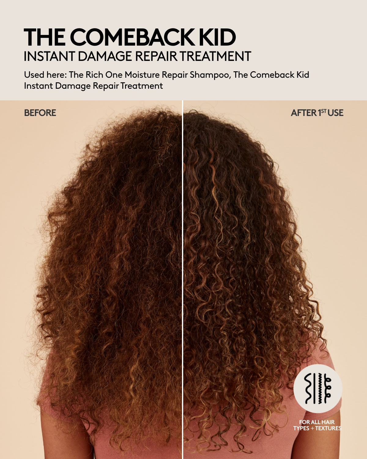 Curly long hair before and after one use of Fenty Hair shampoo and damage repair hair treatment. Curls are defined, bouncy, and hair is shinier, appears healthier and hydrated. Fenty Hair is for all hair types + textures.