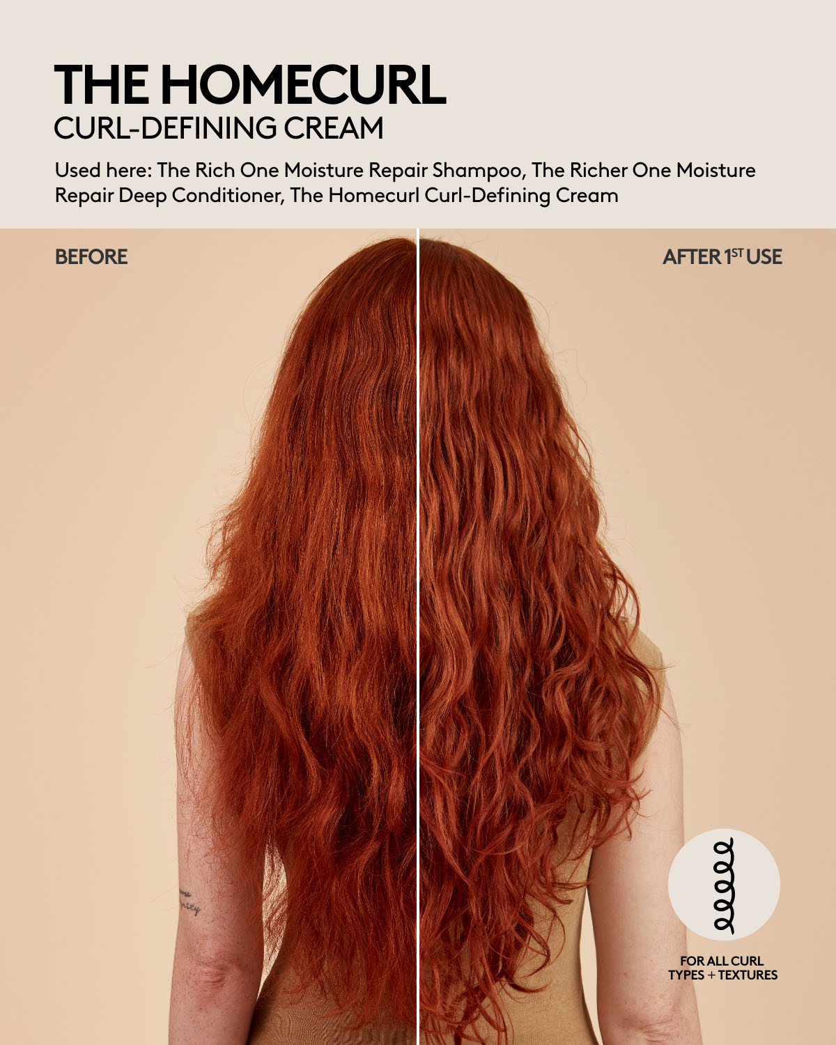 The Homecurl Curl-Defining Cream before and after results after one use on wavy hair