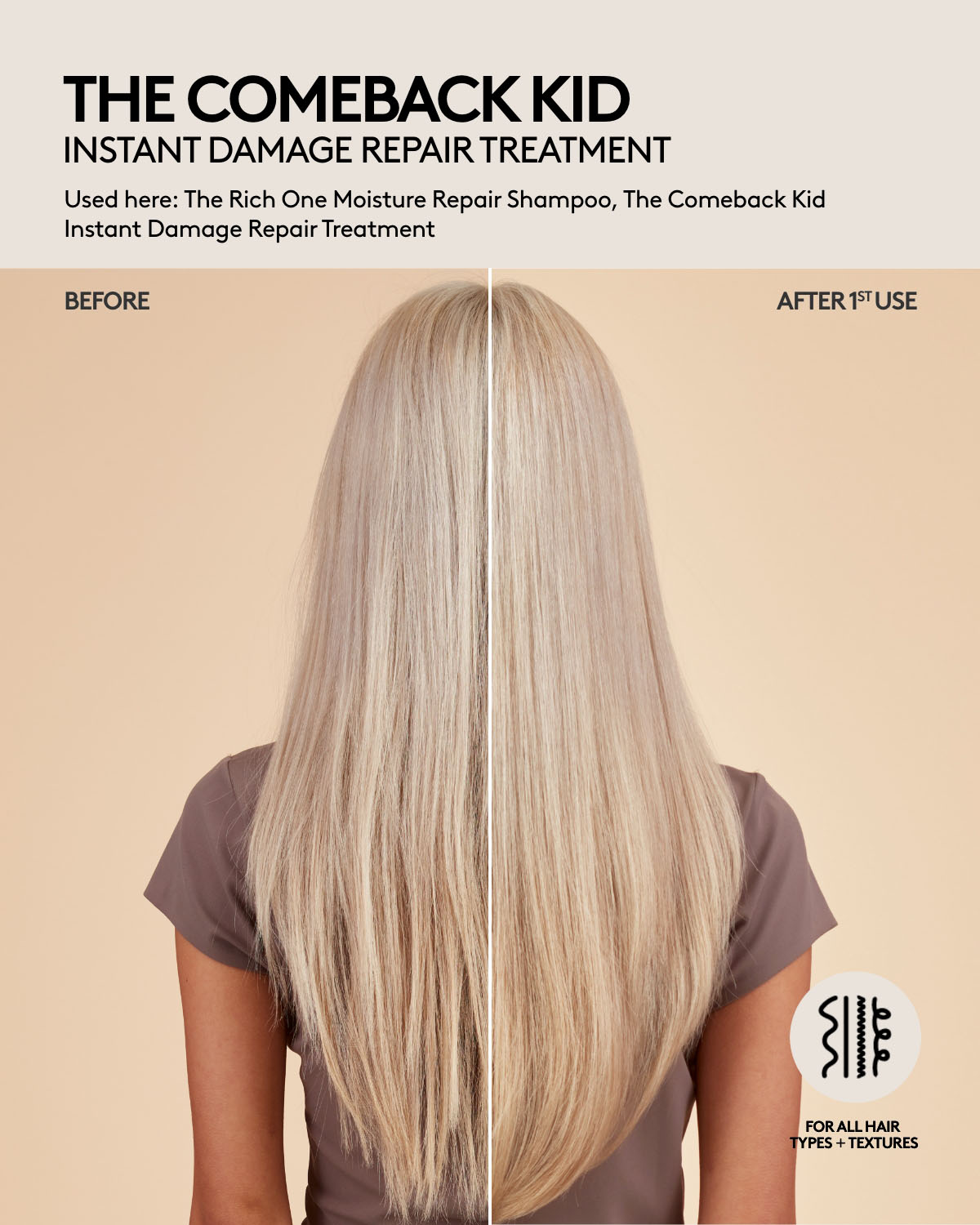 Straight long hair before and after one use of Fenty Hair shampoo and damage repair hair treatment. After 1st use, hair is frizz-free, shiny, smooth and hydrated. Fenty Hair is for all hair types + textures.