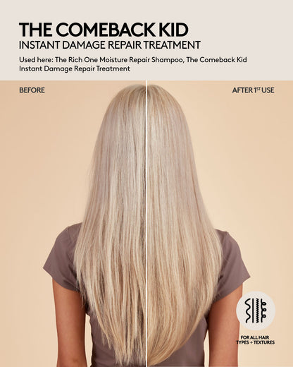 Straight long hair before and after one use of Fenty Hair shampoo and damage repair hair treatment. After 1st use, hair is frizz-free, shiny, smooth and hydrated. Fenty Hair is for all hair types + textures.