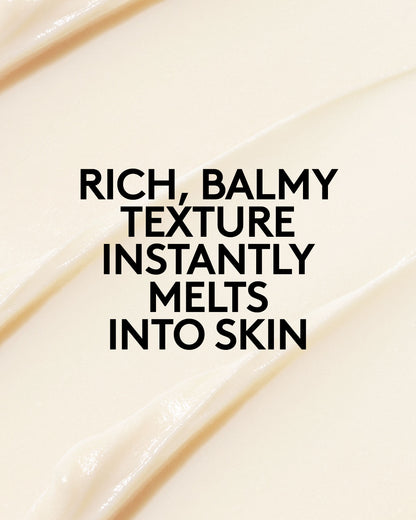 Close-up of the Thicc N Smooth eye cream with overlay text saying: "Rich, balmy texture instantly melts into skin".