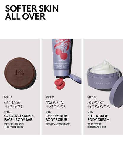 3-step routing for softer skin showing the Coco Cleans'r Face & Body Bar, Cherry Dub Body Scrub, and Butta Drop Body Cream.