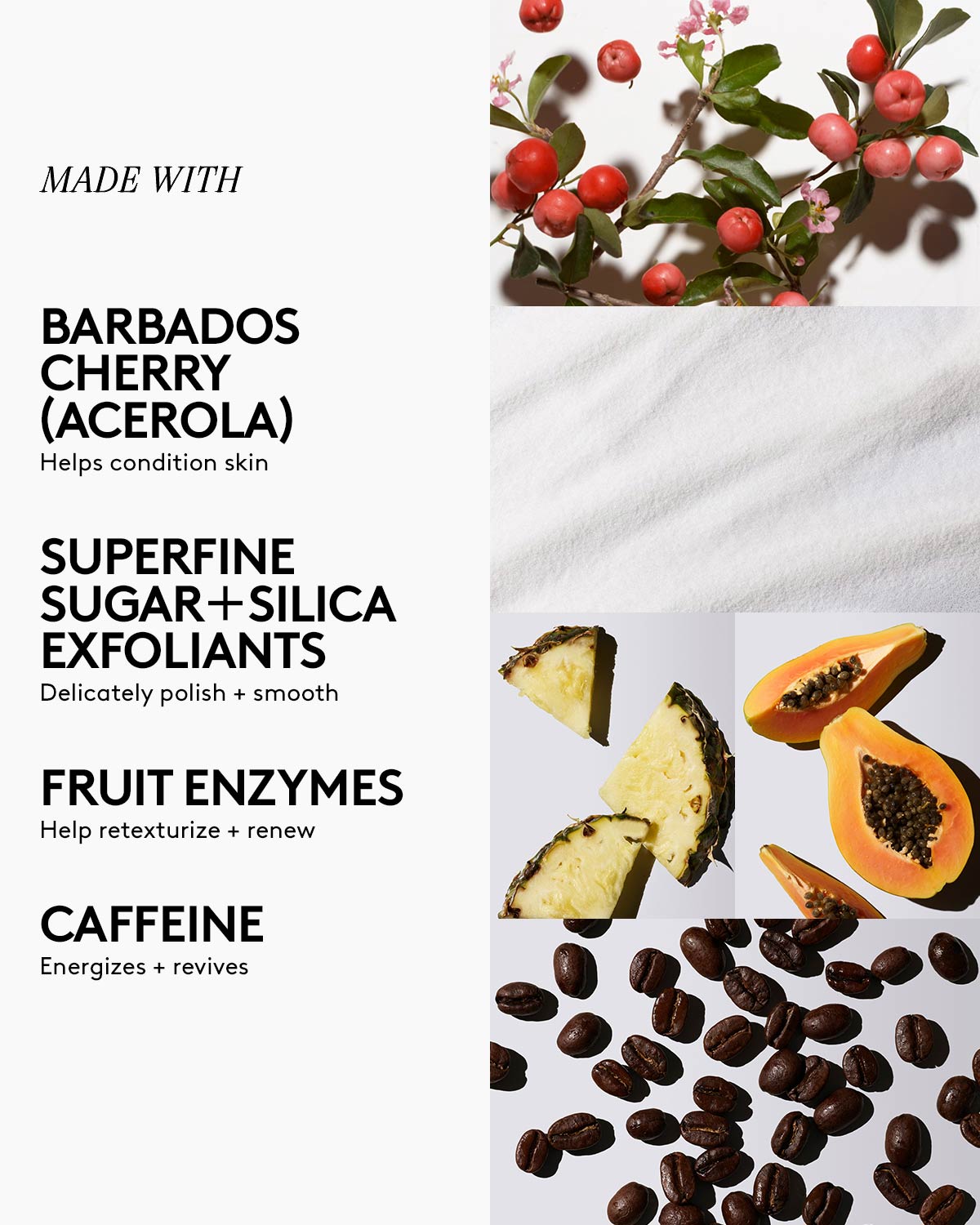 Close-up of the Cherry Dub Face Scrub's five main ingredients next to their names: caffeine, fruit enzymes, Barbados cherry, superfine sugar & silica exfoliants.