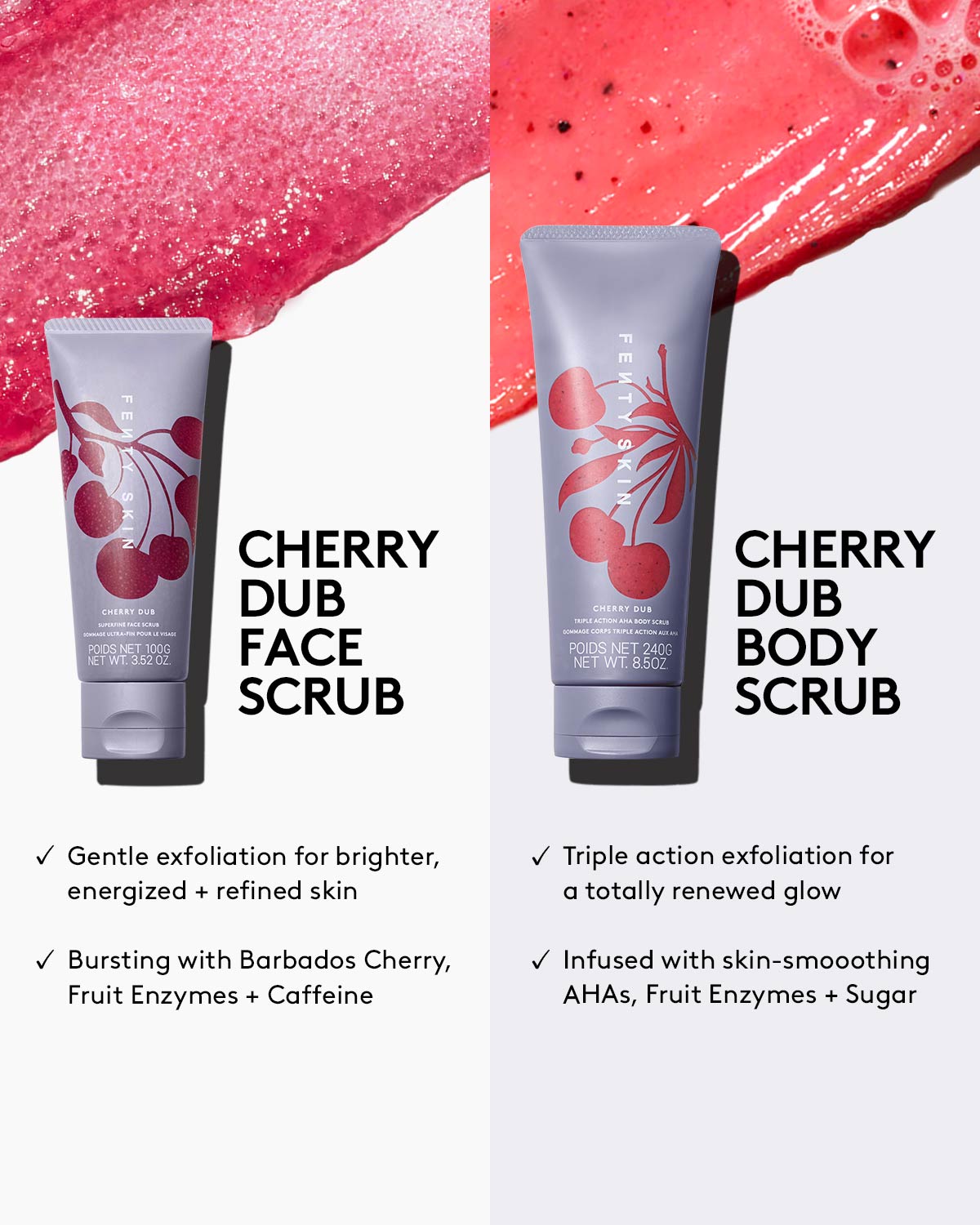 Side-by-side comparisons of the Cherry Dub Face Scrub and the Cherry Dub Body Scrub showing their benefits.