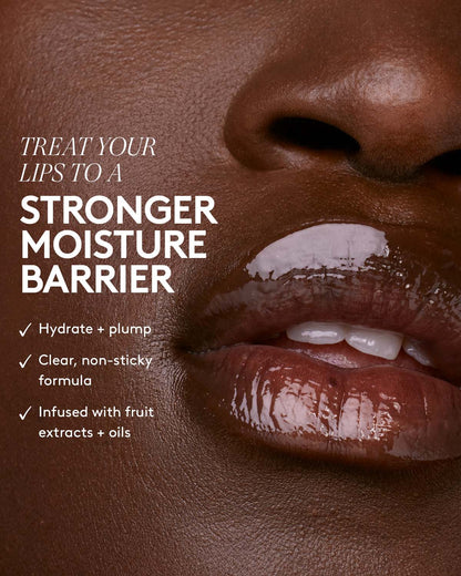 treat your lips to a stronger moisture barrier. hydrate + plump, clear, non-sticky formula, infused with fruit extracts + oils
