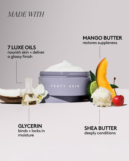 Image of open container of Butta Drop Whipped Oil Body Cream in the middle. Copy reading made with 7 luxe oils, mango butter, glycerin, and shea butter.