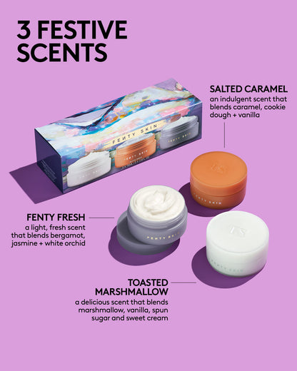 3 festive scents: salted caramel (an indulgent scent that blends caramel, cookie dough + vanilla), fenty fresh (a light, fresh scent that blends bergamot, jasmine + white orchid), and toasted marshmallow (a delicious scent that blends marshmallow, vanilla, spen sugar, and sweet cream).