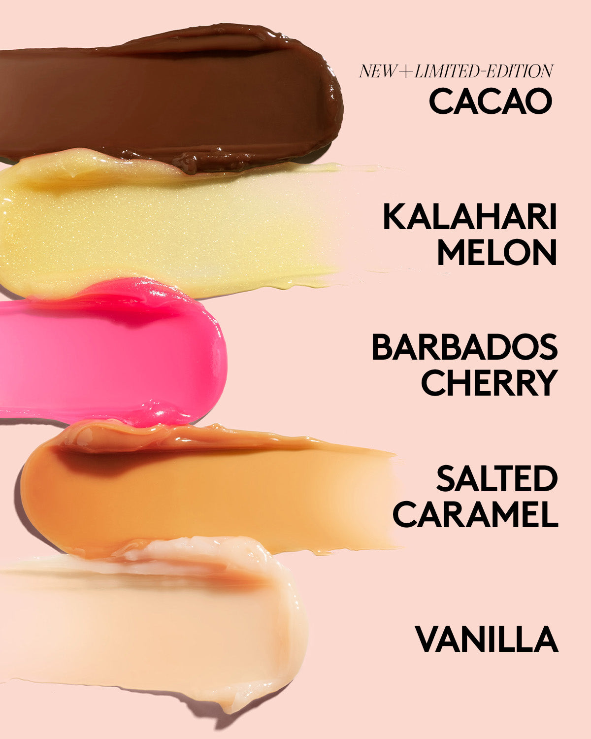 Five different colored swatches of Fenty Skin Plush Puddin with text indicating flavors on a pink background.