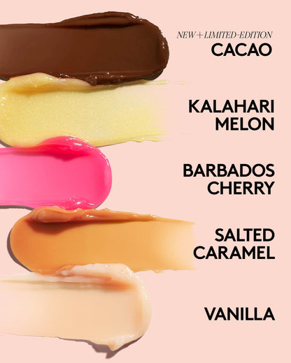 Five different colored swatches of Fenty Skin Plush Puddin with text indicating flavors on a pink background.